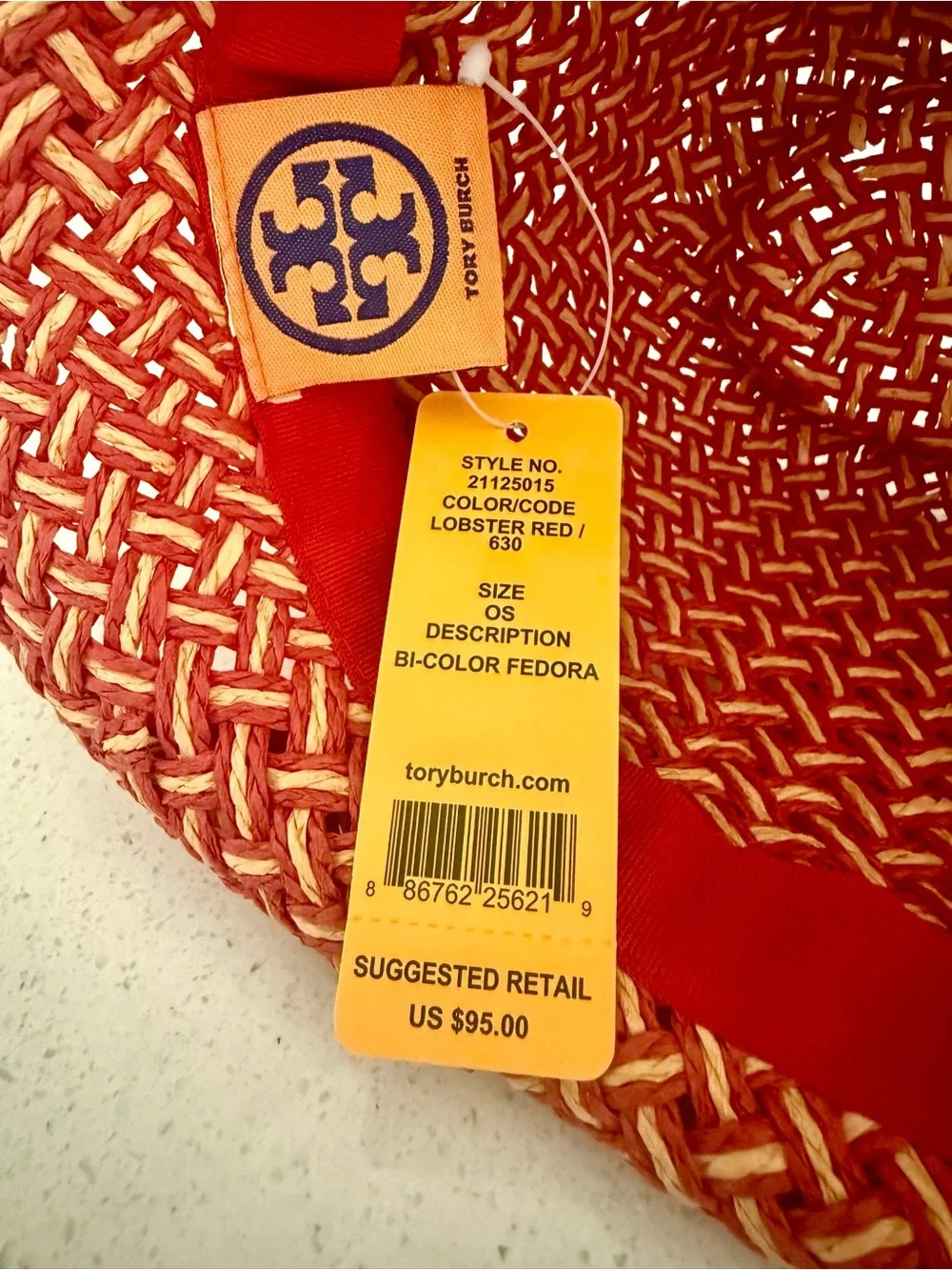 Tory Burch Lobster Red and Natural Woven Straw Fedora with Red Ribbon